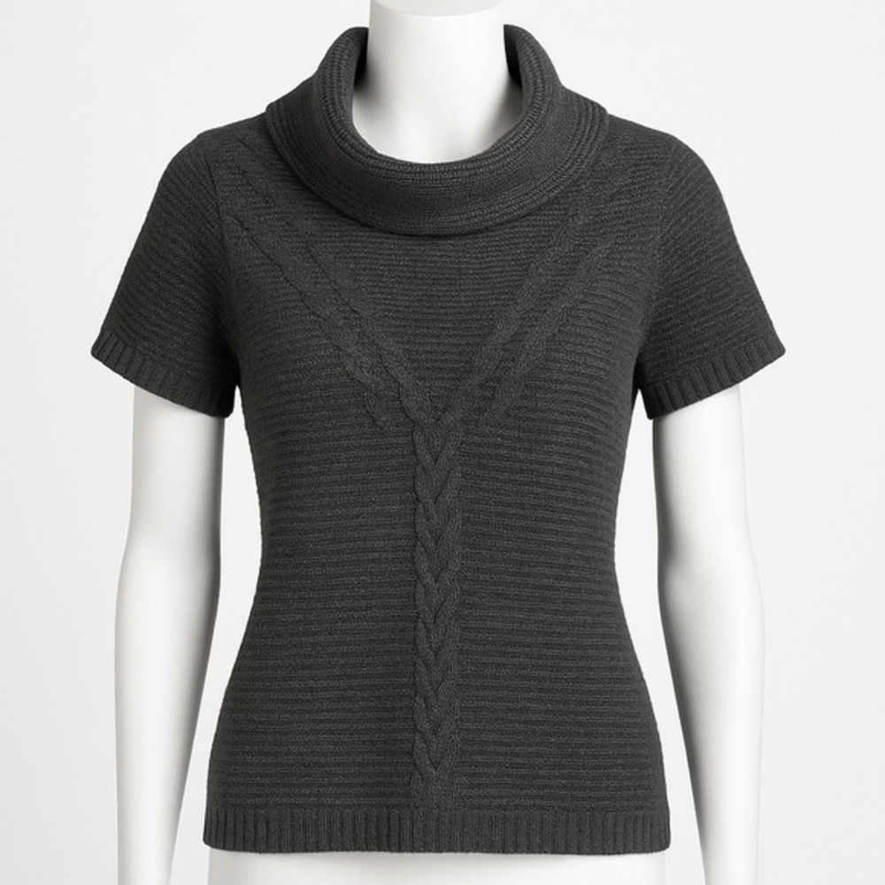 New York & Company Charcoal Cowl Neck Short Sleeve Cable Knit Sweater Size Small